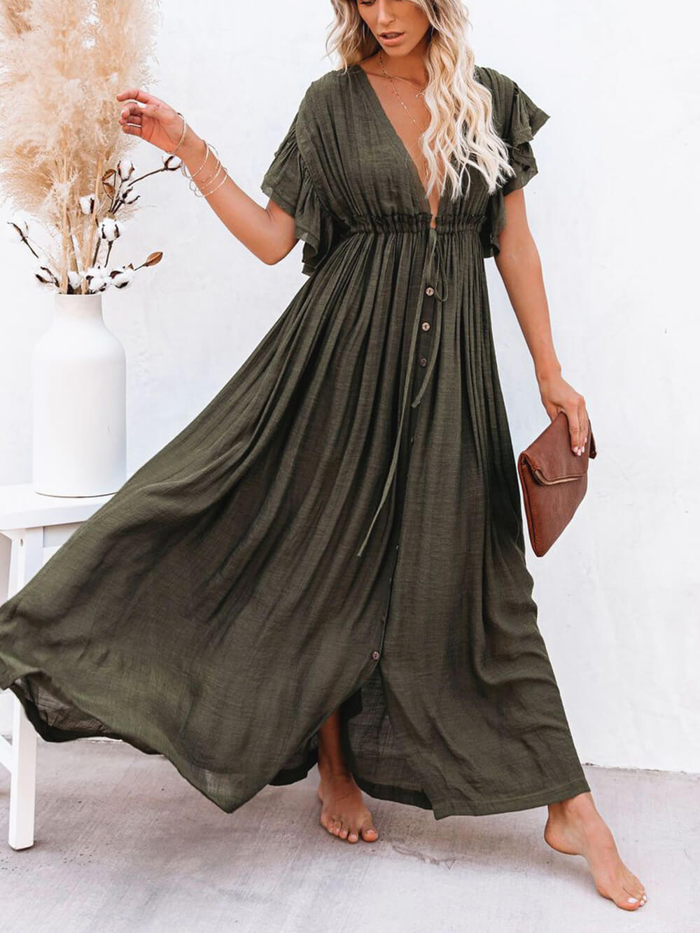 Abito maxi Boho da spiaggia perfetto in lino e cotone con bottoni