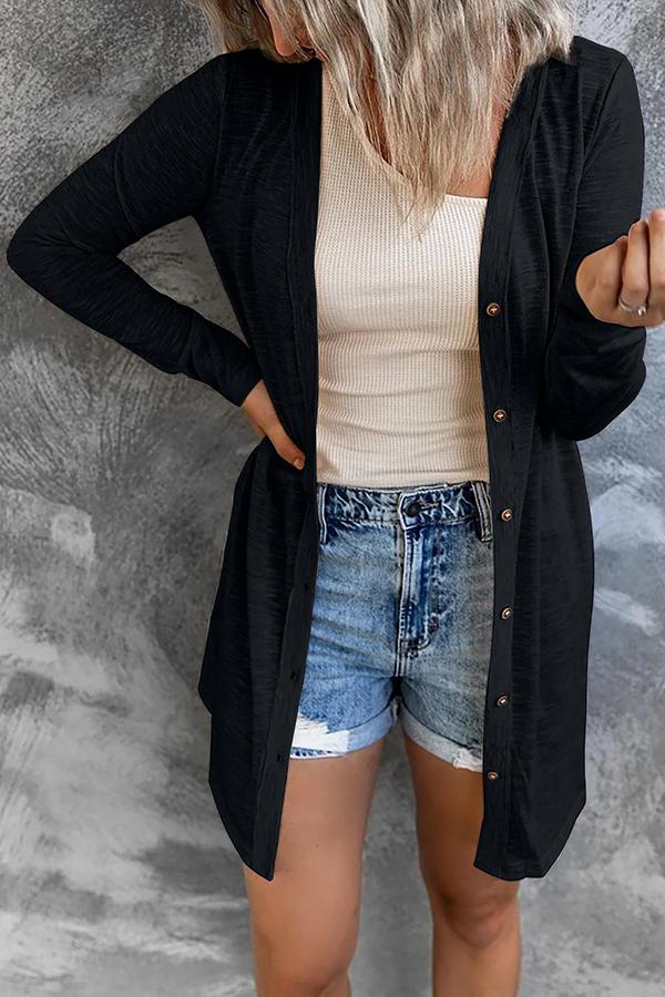 Mid-length Knitted Long Sleeve Button Down Cardigan