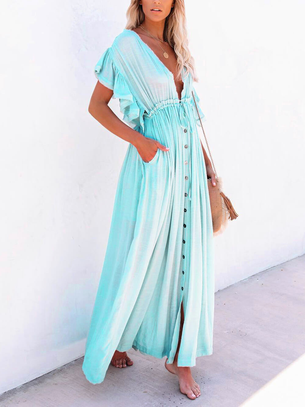 Abito maxi Boho da spiaggia perfetto in lino e cotone con bottoni