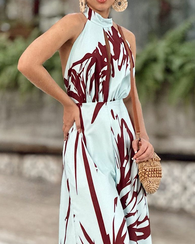 Casual Halter Neck Open Back Printed Jumpsuit