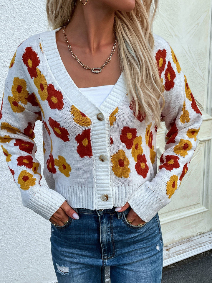 Long Sleeve Floral High Waist Knit Cardigan