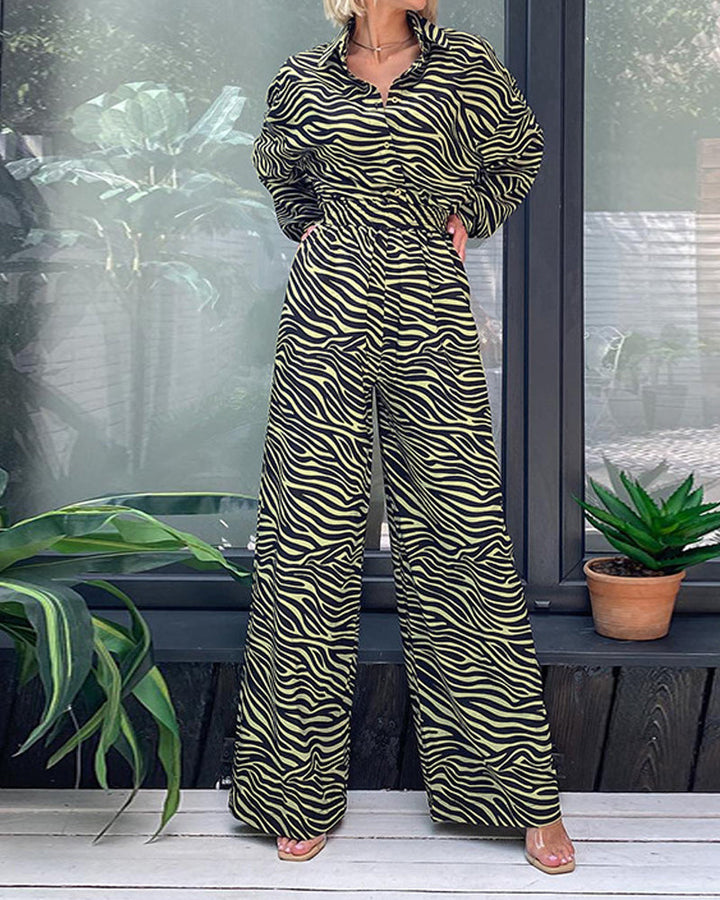 Fashion Print Lapel Long Sleeve Loose Jumpsuit