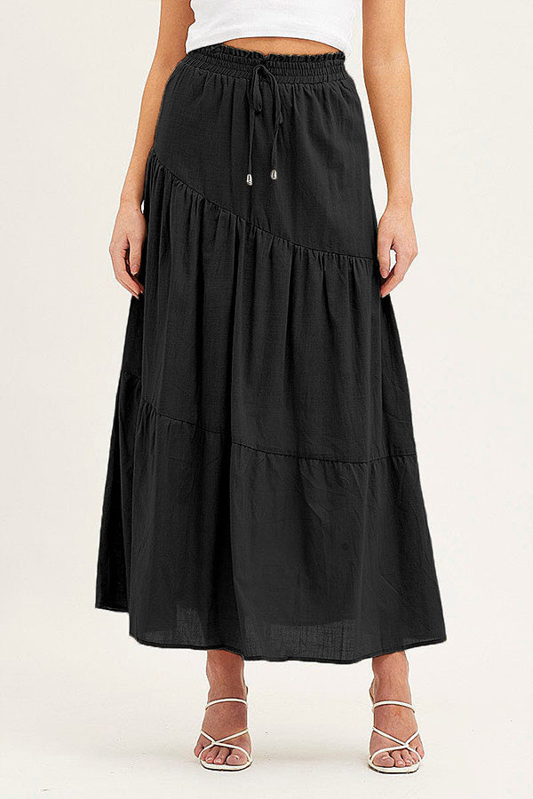 Solid color cotton and linen elastic waist pleated skirt