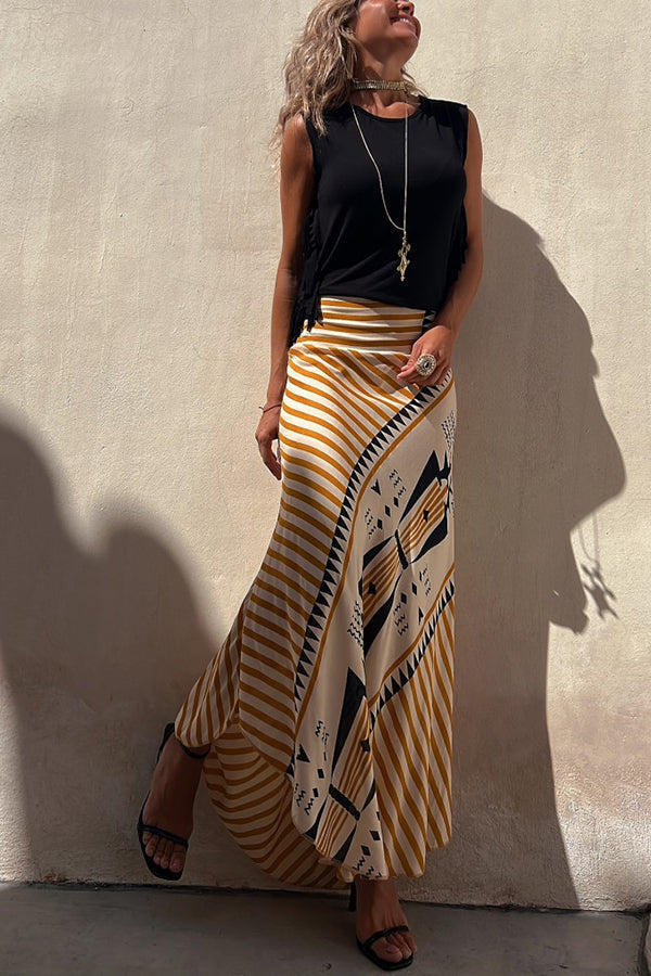 Eva satijnen maxi-rok met geometrische print en elastische taille