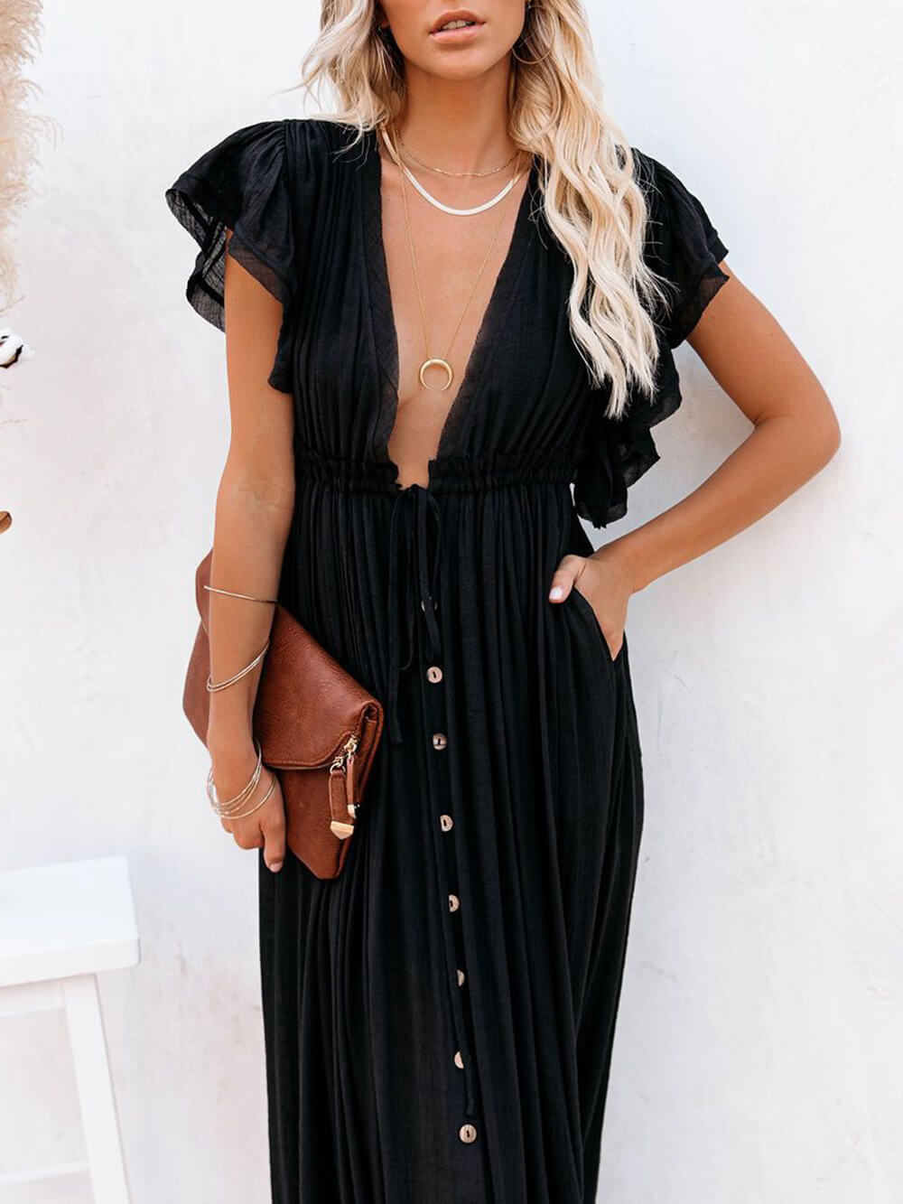 Abito maxi Boho da spiaggia perfetto in lino e cotone con bottoni