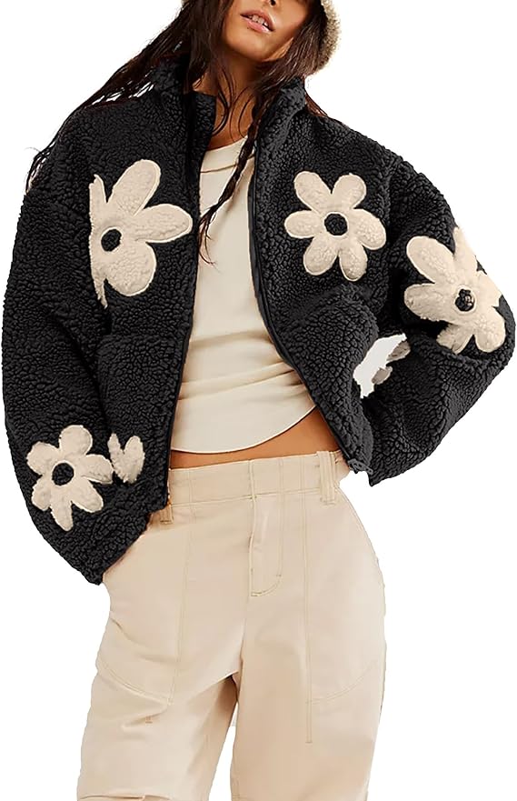 Zipper Lapel Plush Flower Jacket