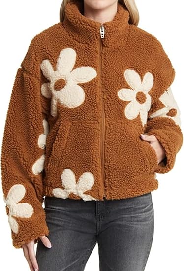 Zipper Lapel Plush Flower Jacket