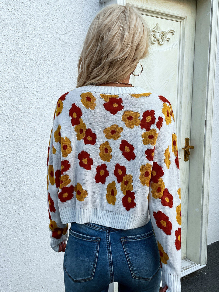 Long Sleeve Floral High Waist Knit Cardigan