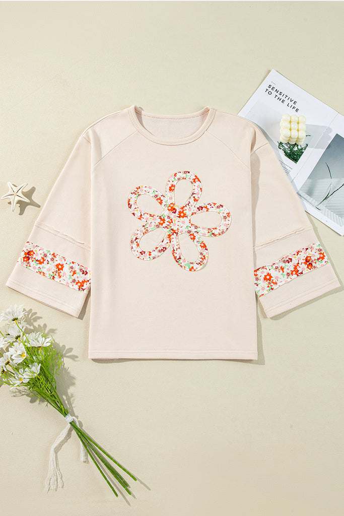 Cut-Out Flower Patch Patchwork 3/4 Sleeved Sweatshirt