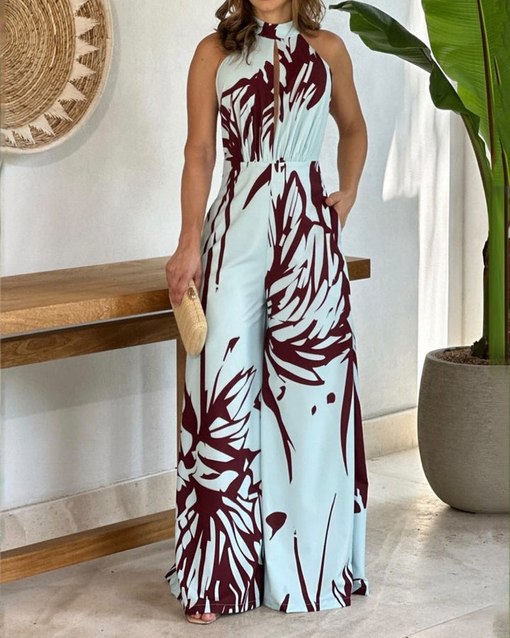 Casual Halter Neck Open Back Printed Jumpsuit