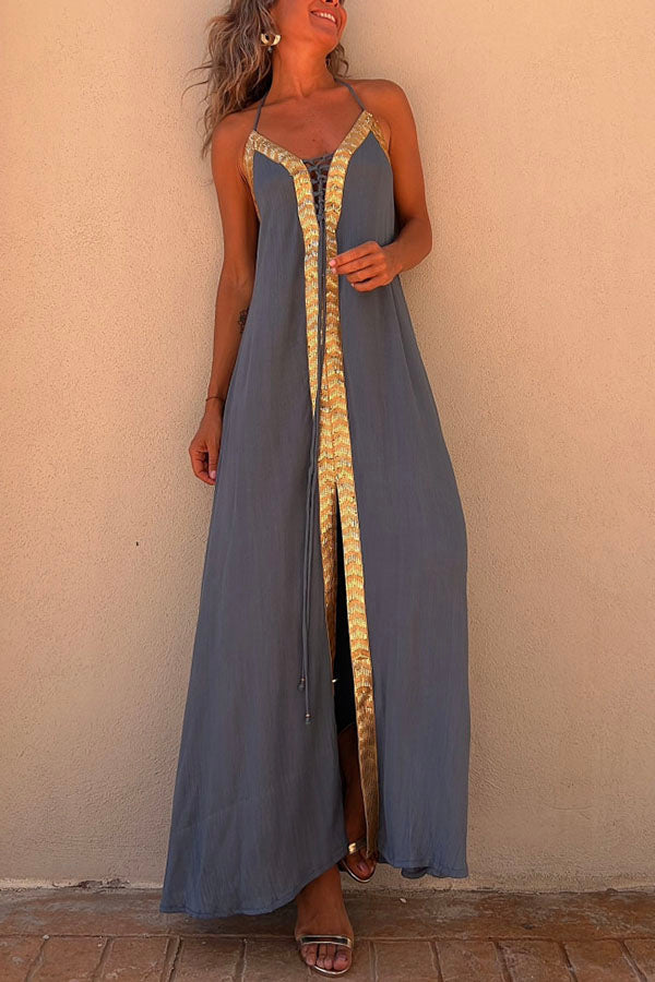 Del Mar Sequin Trim Lace-up Halter Elastic Back Maxi Dress