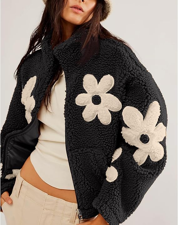 Zipper Lapel Plush Flower Jacket