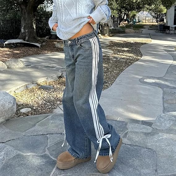 Low Waist Loose Side Striped Bow Wide-Leg Jeans