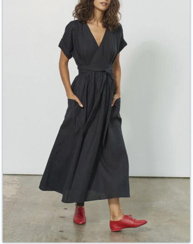 Robe décontractée en coton et lin à taille haute avec ceinture et col en V 