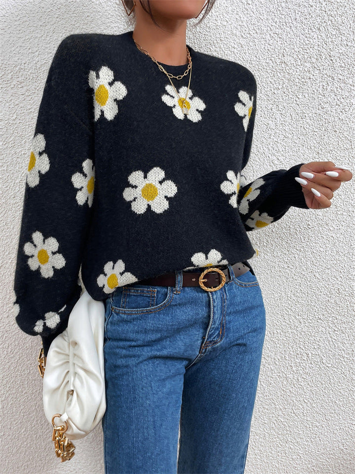 Floral Round Neck Jacquard Knitted Sweater Women's Top