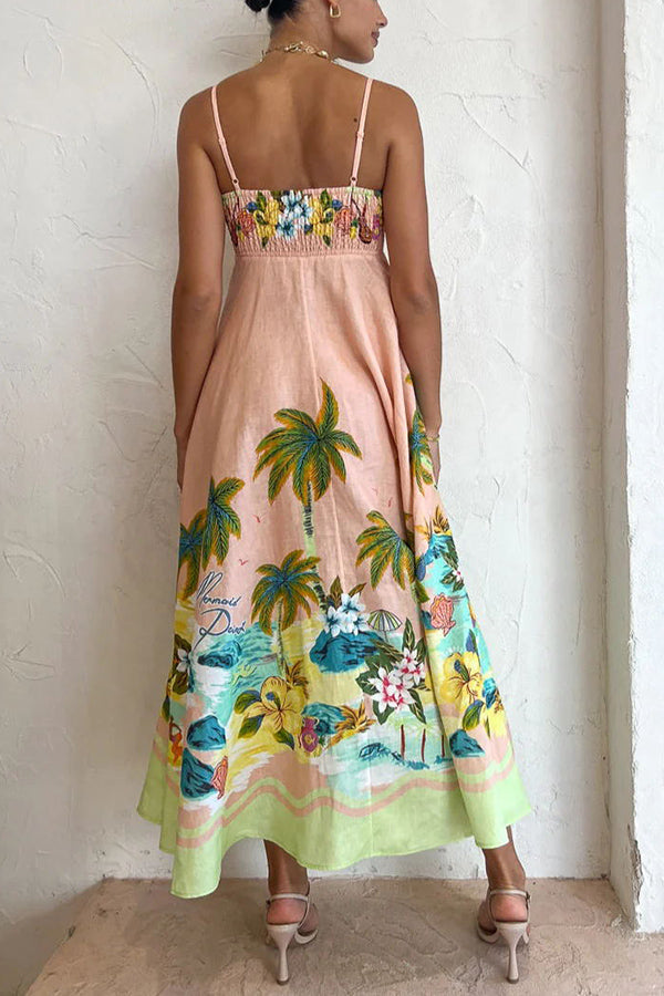 Vestido midi com estampa tropical e mistura de linho com cenário de coco