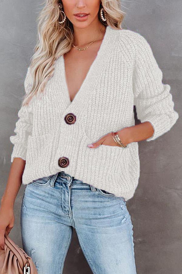 Solid V-Neck Cardigan Single Breasted Long Sleeve Sweater Jacket