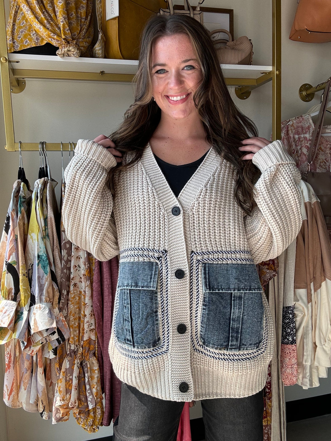 Uniek denim vest met patchworkzakken