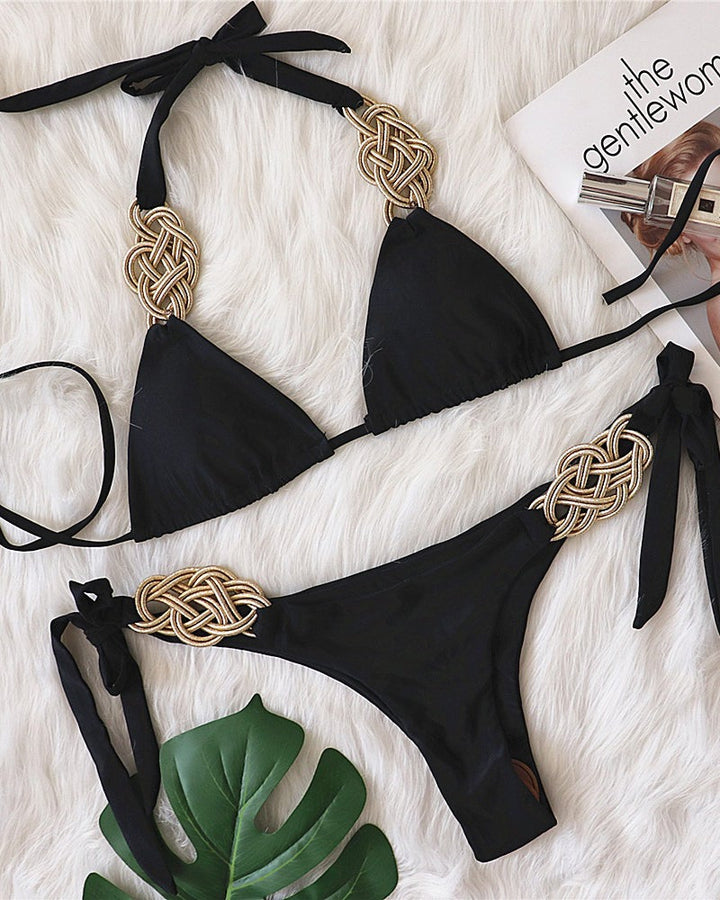 Solid Color Lace-Up Braided Lace Bikini