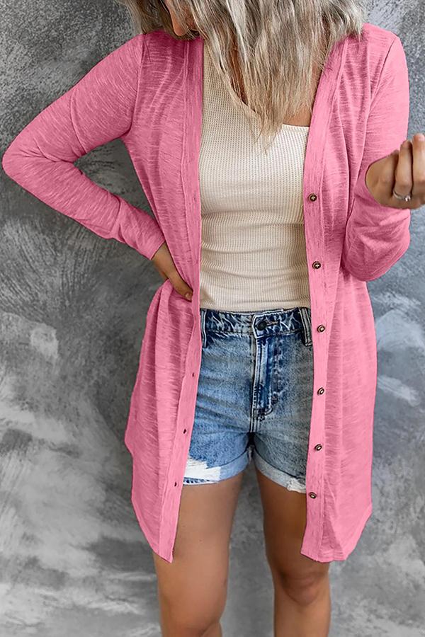 Mid-length Knitted Long Sleeve Button Down Cardigan