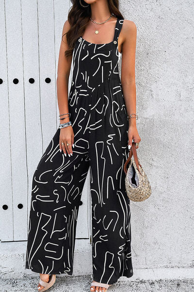 Bedruckter Jumpsuit mit breiten Trägern und Taschen