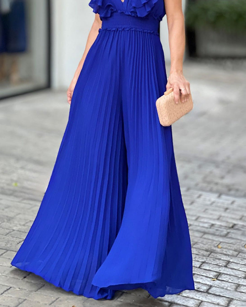 V-Neck Ruffle Sleeve Solid Pleated Jumpsuit