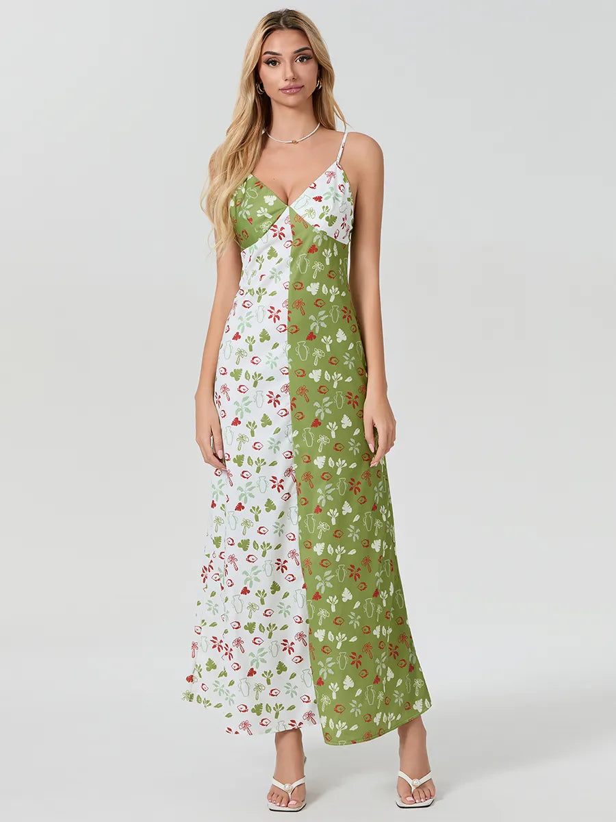 Color Contrast Print Patchwork Halter Maxi Dress