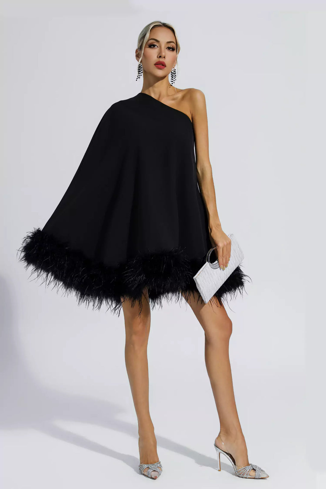 Black Feather Trim One Shoulder Mini Dress