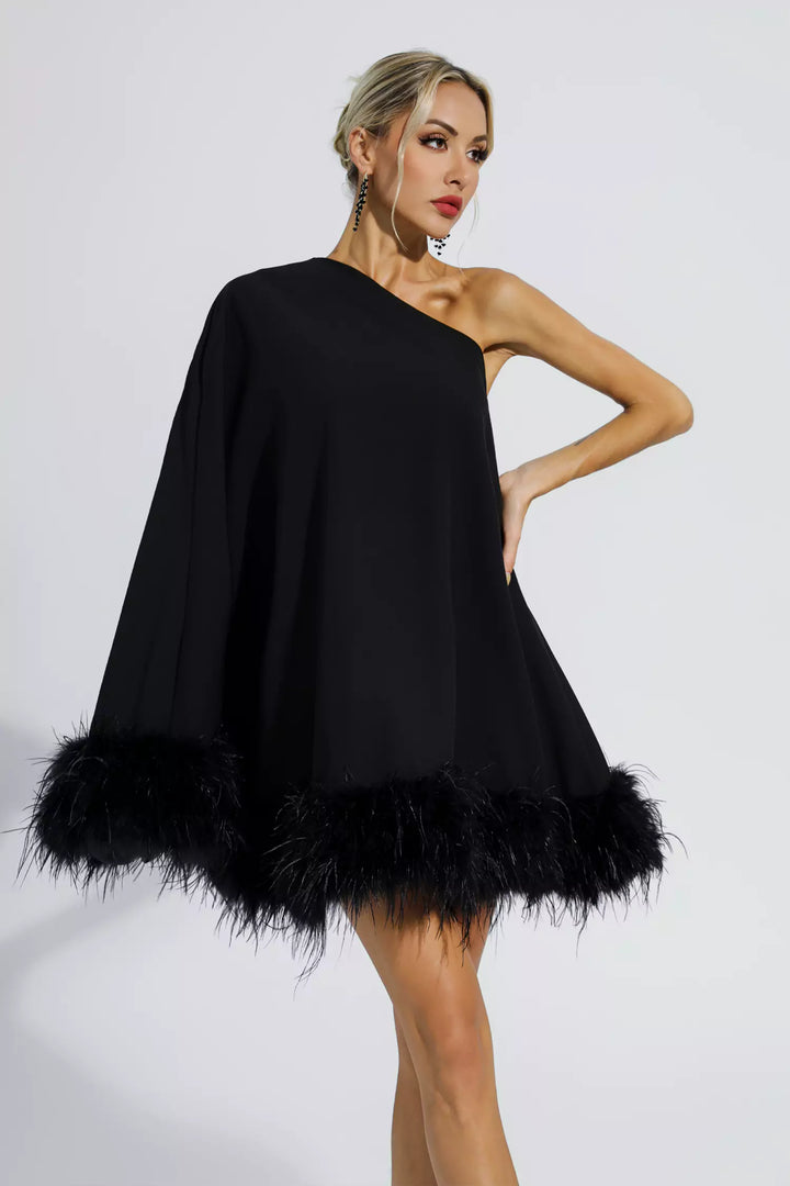 Black Feather Trim One Shoulder Mini Dress