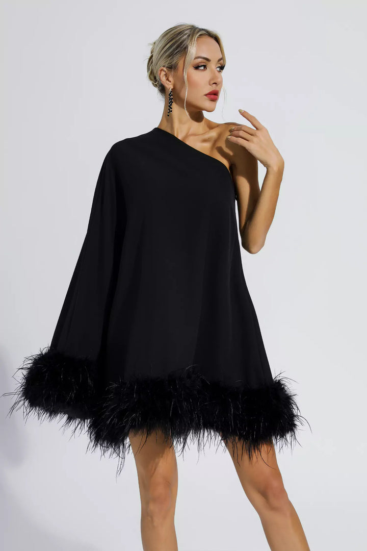 Black Feather Trim One Shoulder Mini Dress