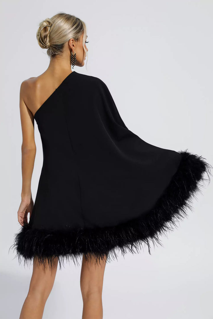 Black Feather Trim One Shoulder Mini Dress