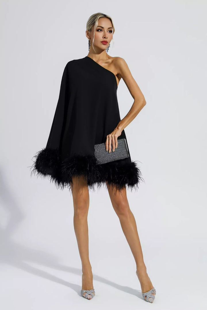 Black Feather Trim One Shoulder Mini Dress