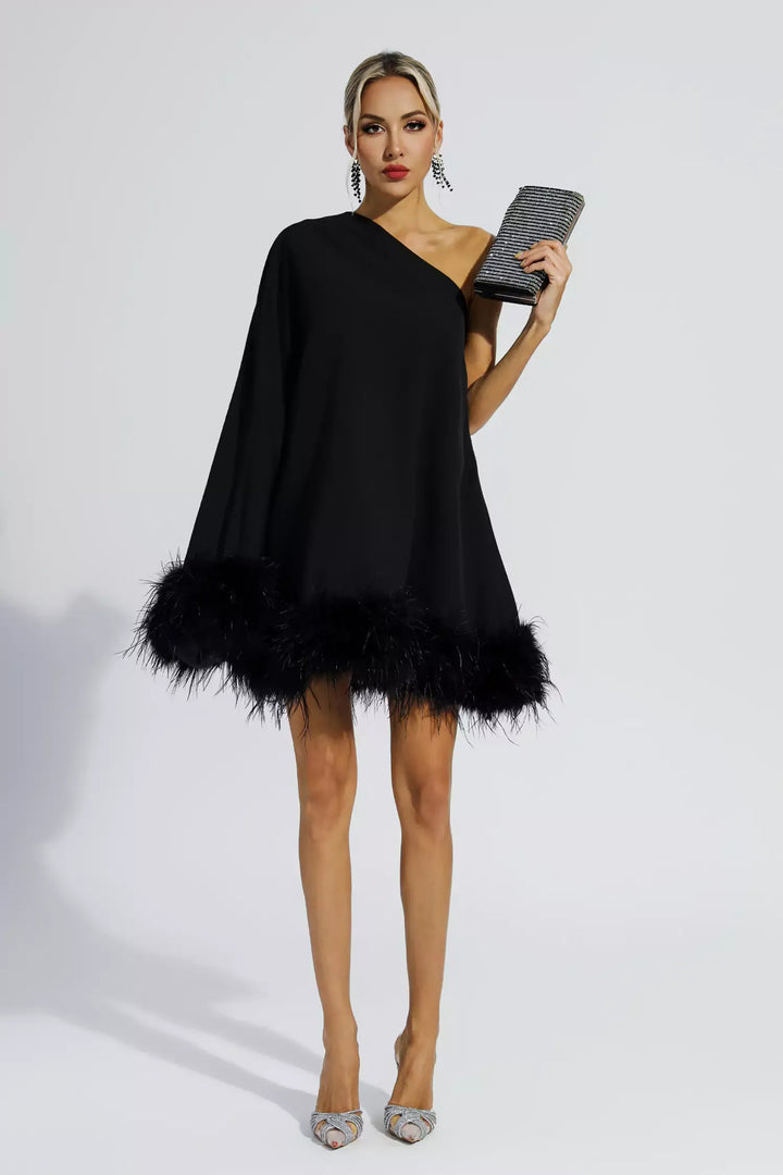 Black Feather Trim One Shoulder Mini Dress