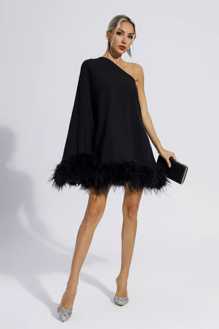 Black Feather Trim One Shoulder Mini Dress