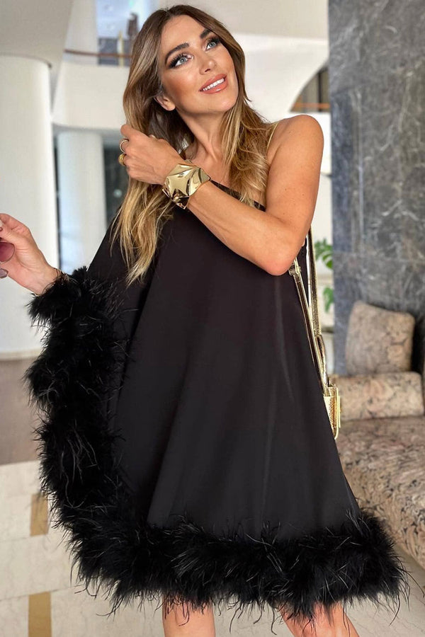 Black Feather Trim One Shoulder Mini Dress