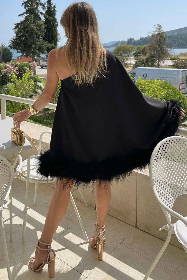 Black Feather Trim One Shoulder Mini Dress