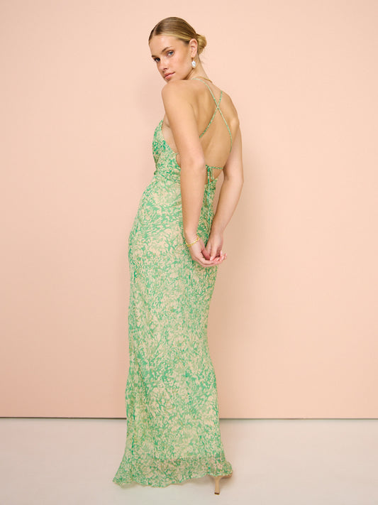 Belvedere Lace Back Bias Maxi Dress In Tree Green/Multi