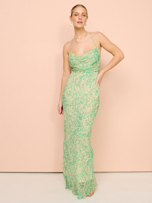 Belvedere Lace Back Bias Maxi Dress In Tree Green/Multi