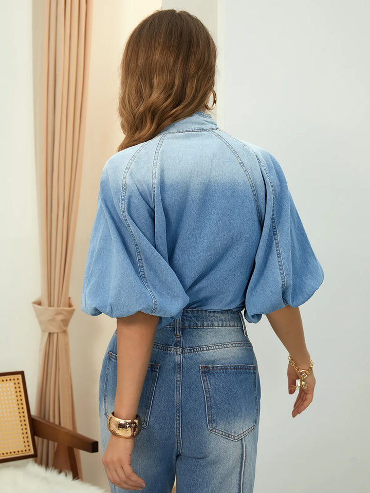 Casual denim blouse met opstaande kraag