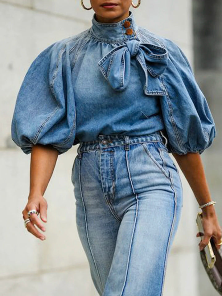 Casual denim blouse met opstaande kraag