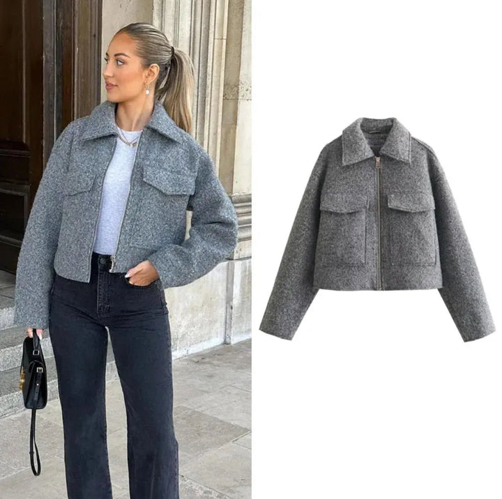 Cropped Wool Blend Front Pockets Jacket