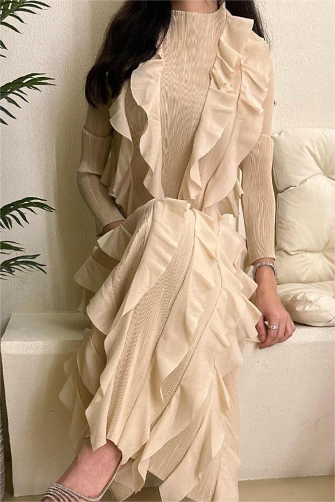 Long Sleeve Crew Collar Ruffle Midi Dress