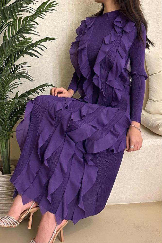 Long Sleeve Crew Collar Ruffle Midi Dress