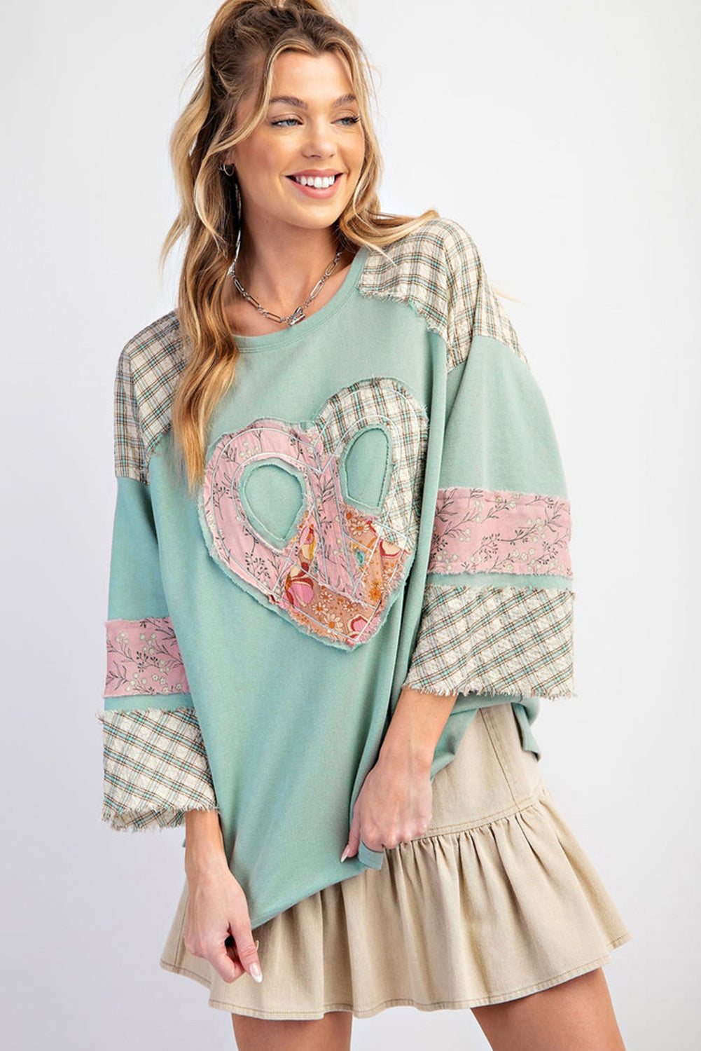 Floral Heart of Peace Print Patch Patchwork Long-Sleeved Sweatshirt