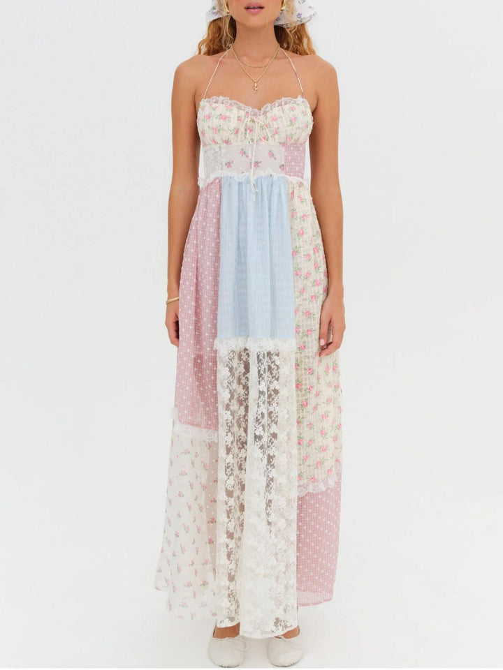 Lace Patchwork Floral Lace-Up Maxi Dress