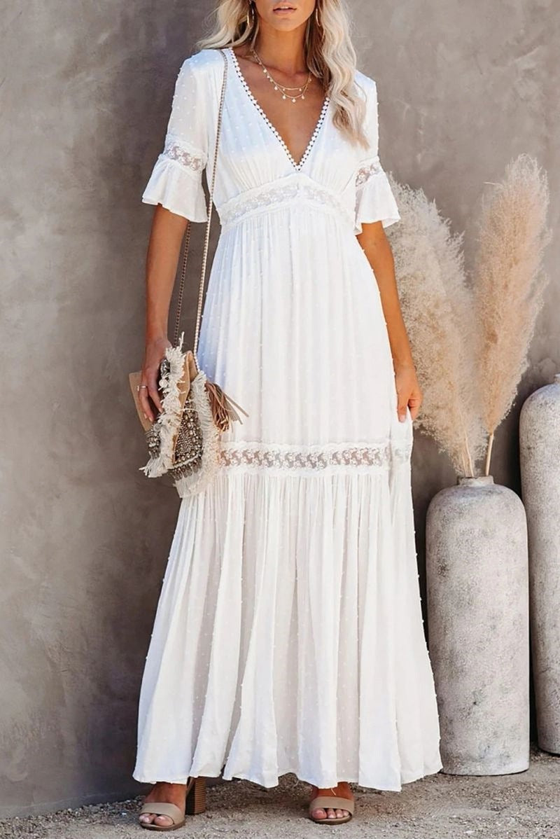 V Neck Ruffle Hem Lace Maxi Dress