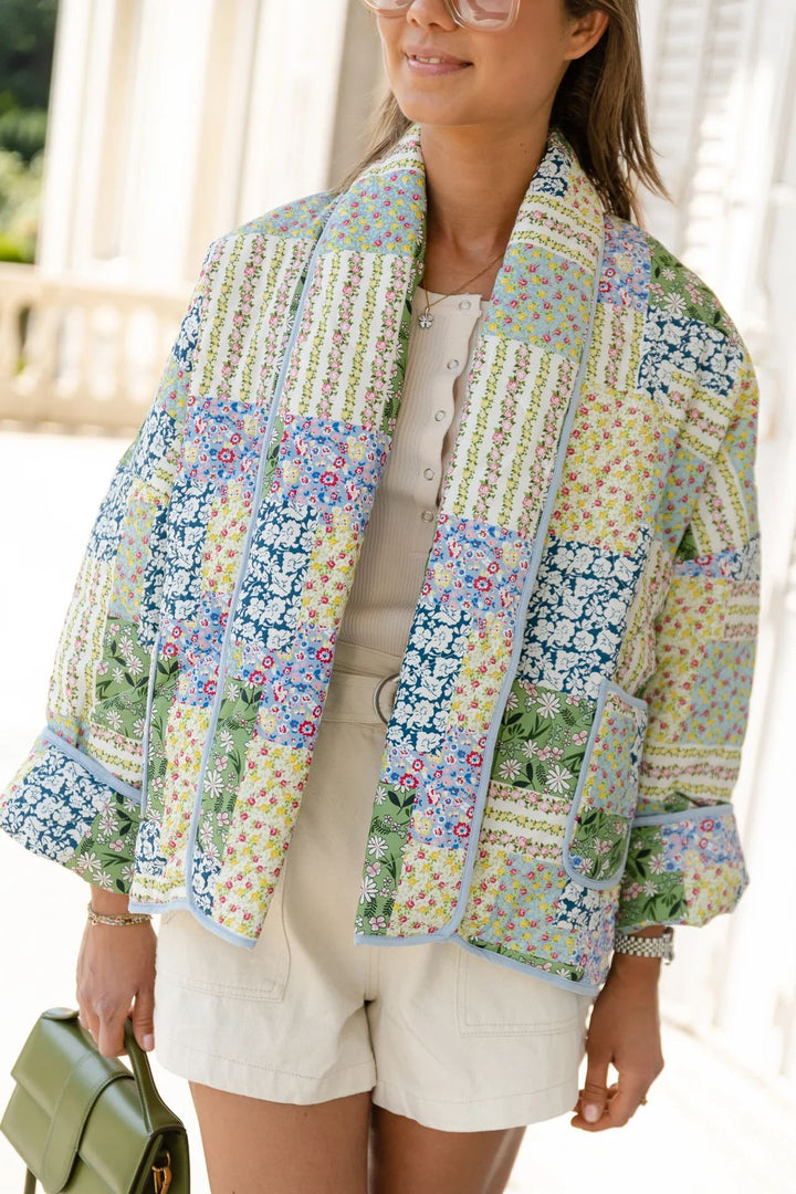 Gelb-grüne Jacke mit Patchwork-Print und Blumenmuster