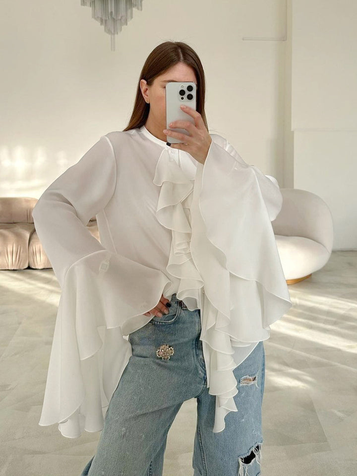 Crew Neck Bell Sleeve Sheer Chiffon Waterfall Ruffle Blouse