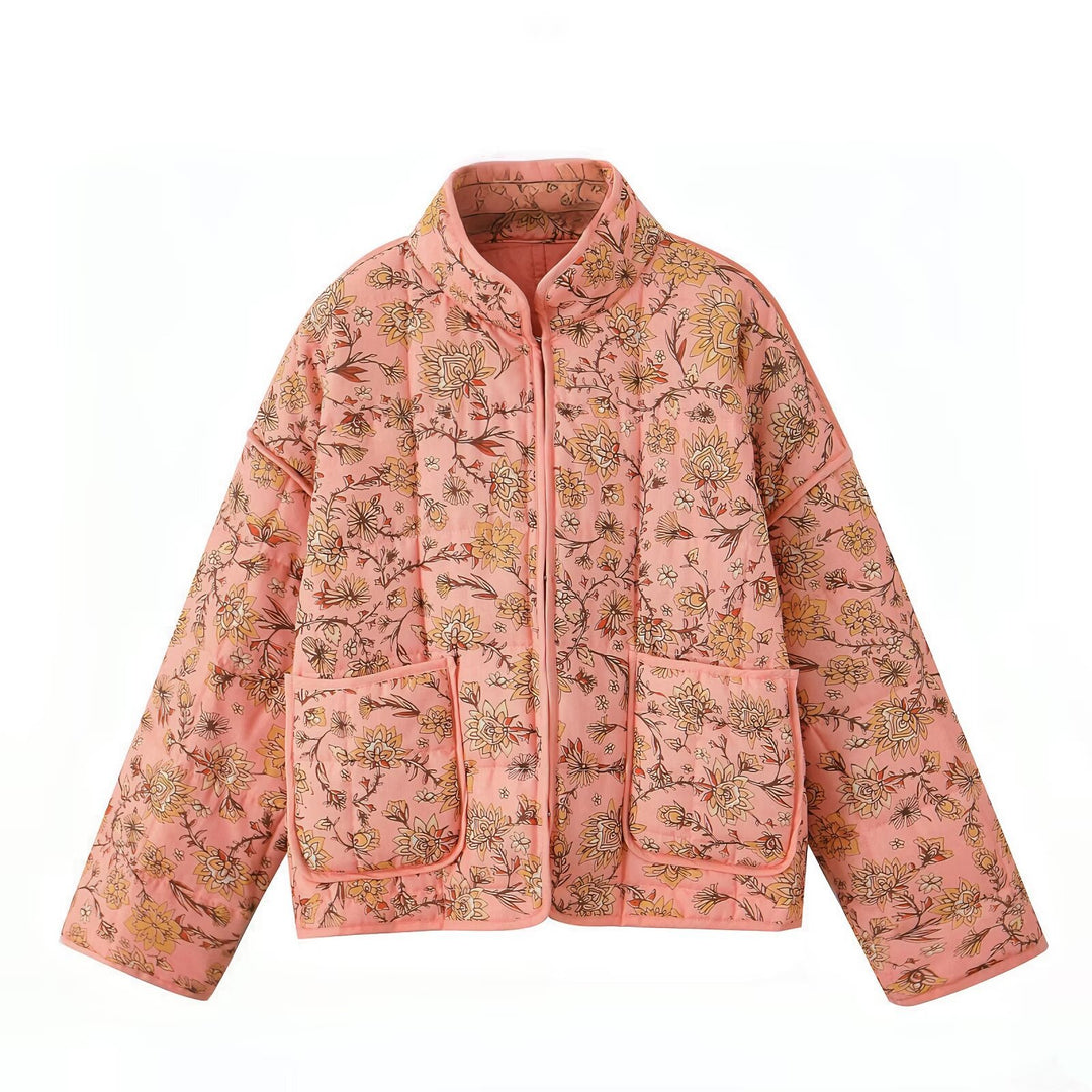 Chaqueta de patchwork con cuello alto y estampado floral