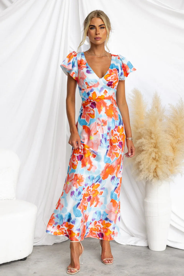 Flower Print V-neck Peplum Sleeve Maxi Dress